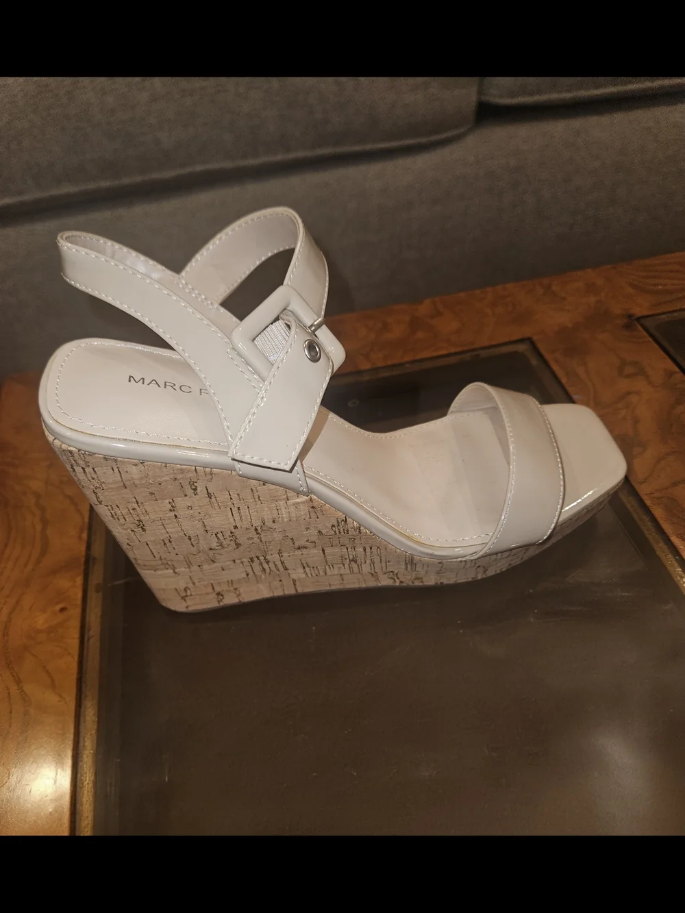 Marc Fisher Cream Patent Cork-Platform Sandals